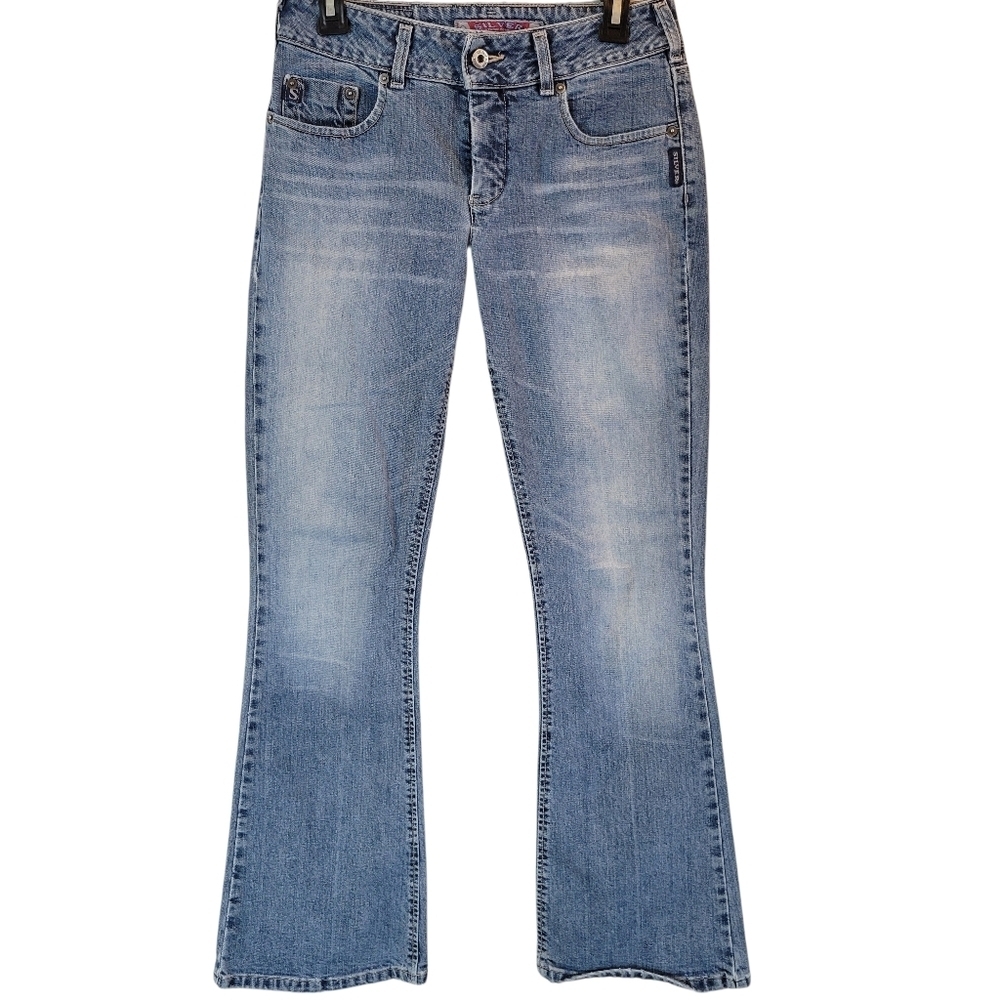 Y2K Silver Low Rise Flare Medium Wash Denim Jeans Pants - Picture 1 of 9